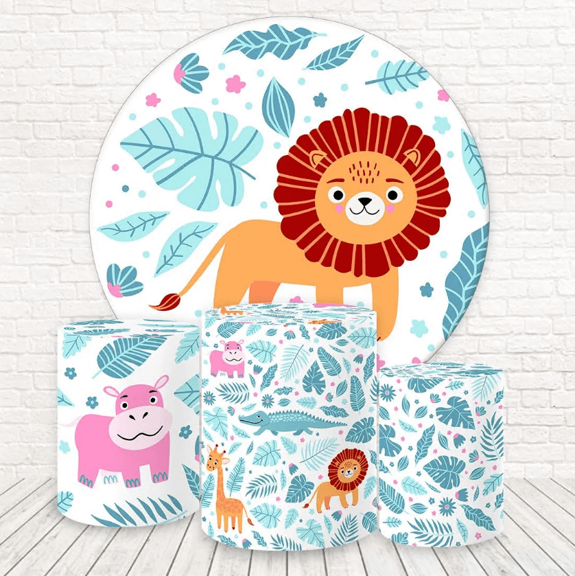 Cartoon Lion Kids Birthday Party Round Backdrop Animals Baby Shower Plinth Cover