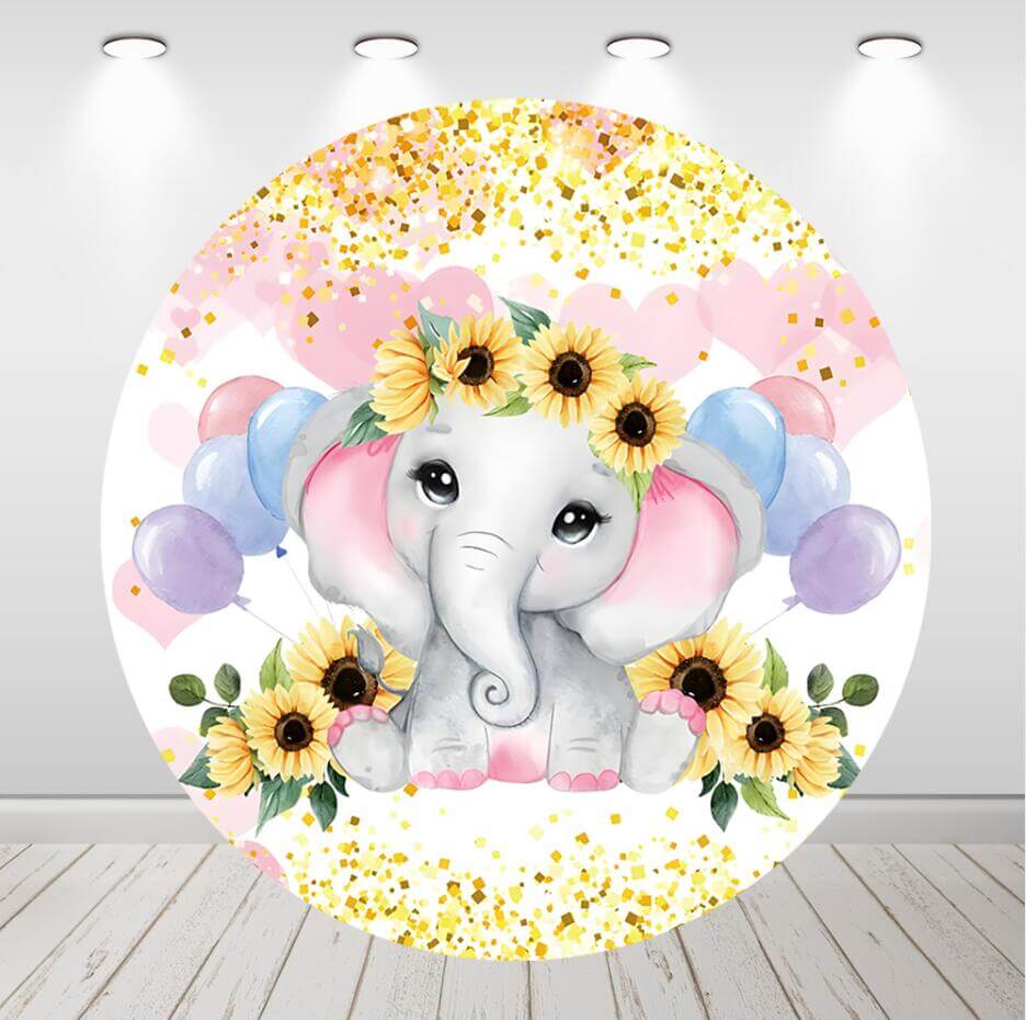 Sunflowers Elephant Baby Shower Girls Birthday Round Circle Backdrop