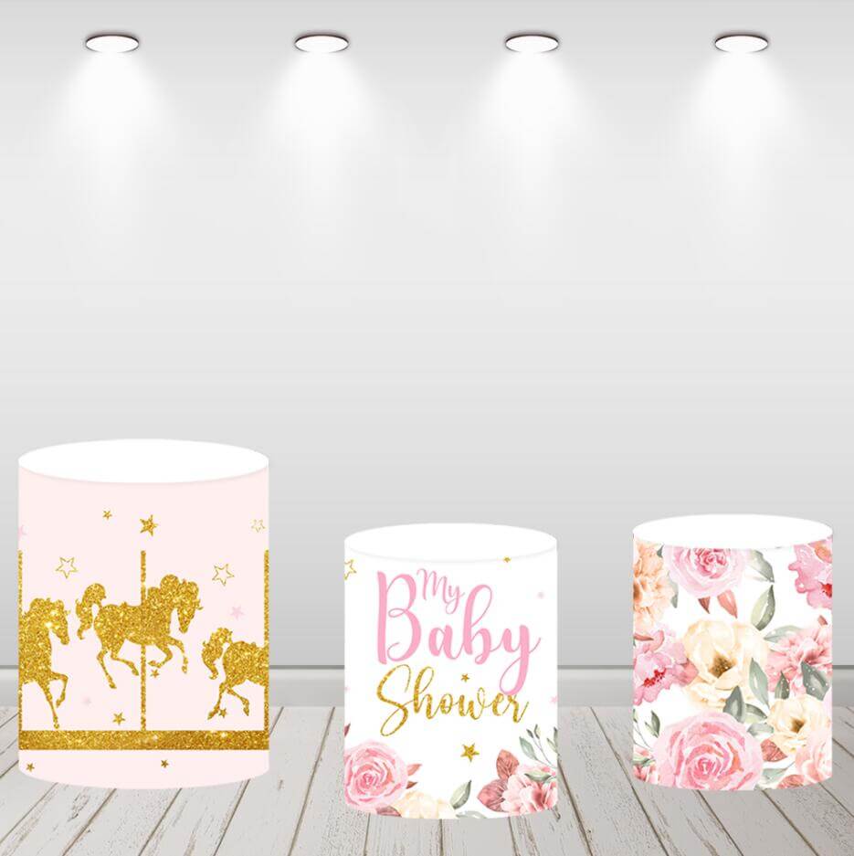 Pink Carousel Flowers Round Circle Backdrop Cover for Girl Birthday Party Decoration