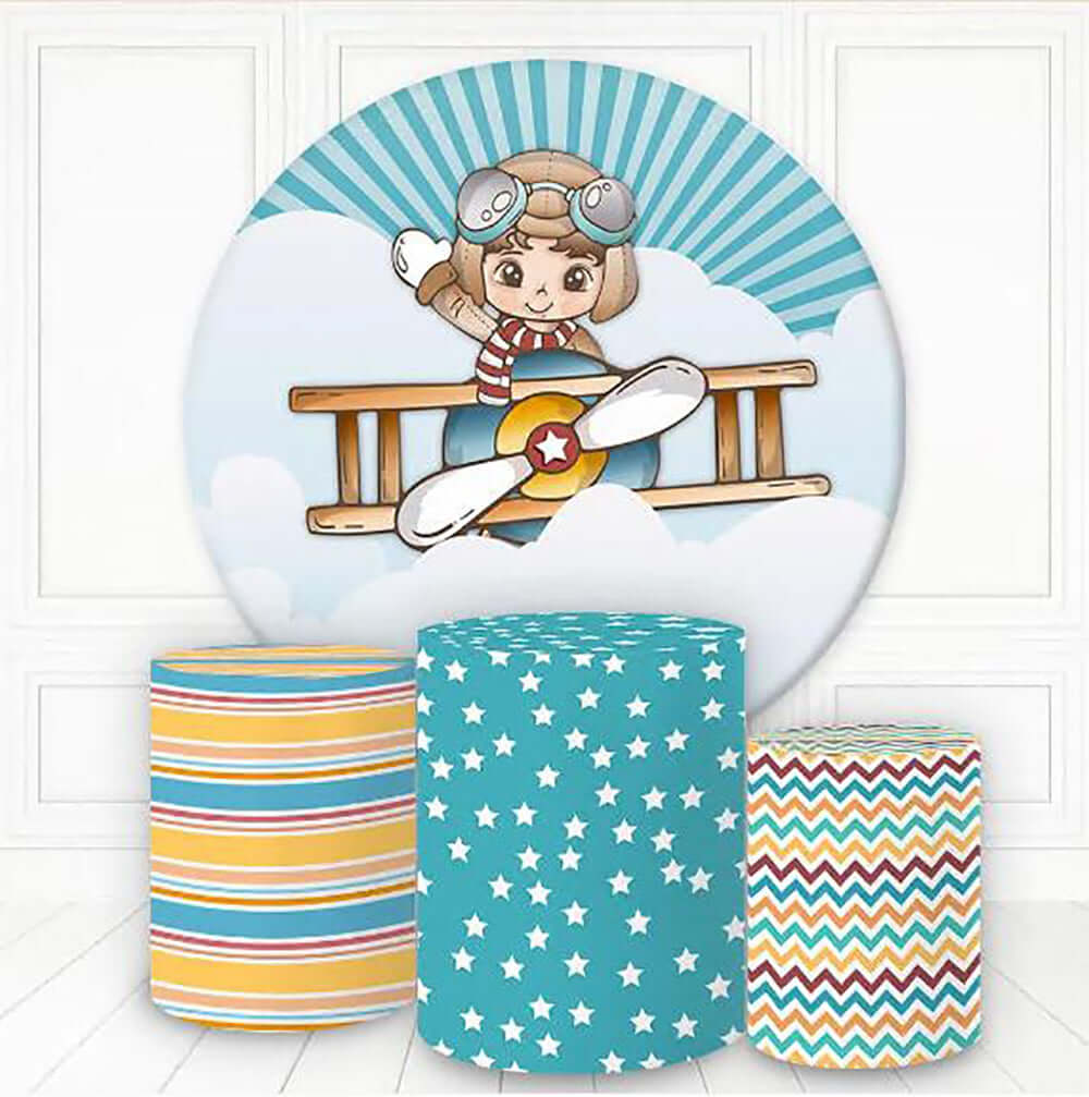 Bear Pilot Kids Birthday Party Photo Studio Circle Round Backdrop Cylinder Covers