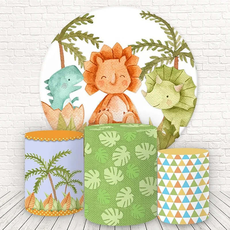 Cartoon Dinosaur Kids 1St Birthday Party Baby Shower Round Backdrop