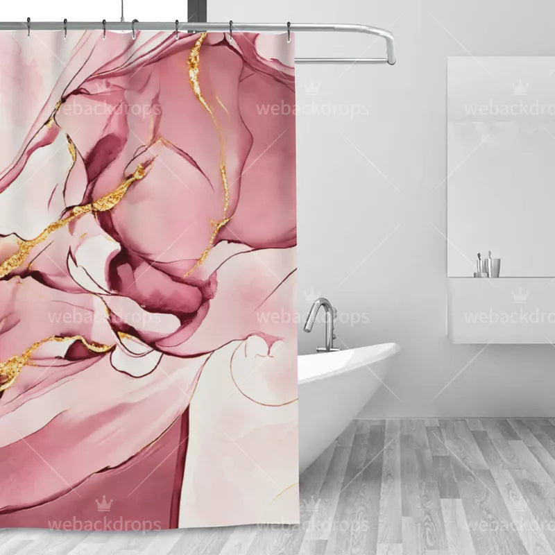 Blush Pink and Gold Marble Shower Curtain with Metal Roller Ball Hooks, 72 x 72 Inch