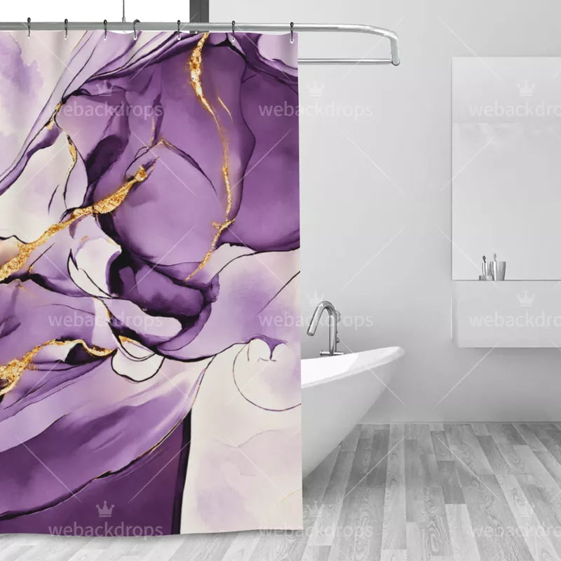 Amethyst Purple and Gold Marble Shower Curtain with Metal Roller Ball Hooks, 72 x 72 Inch