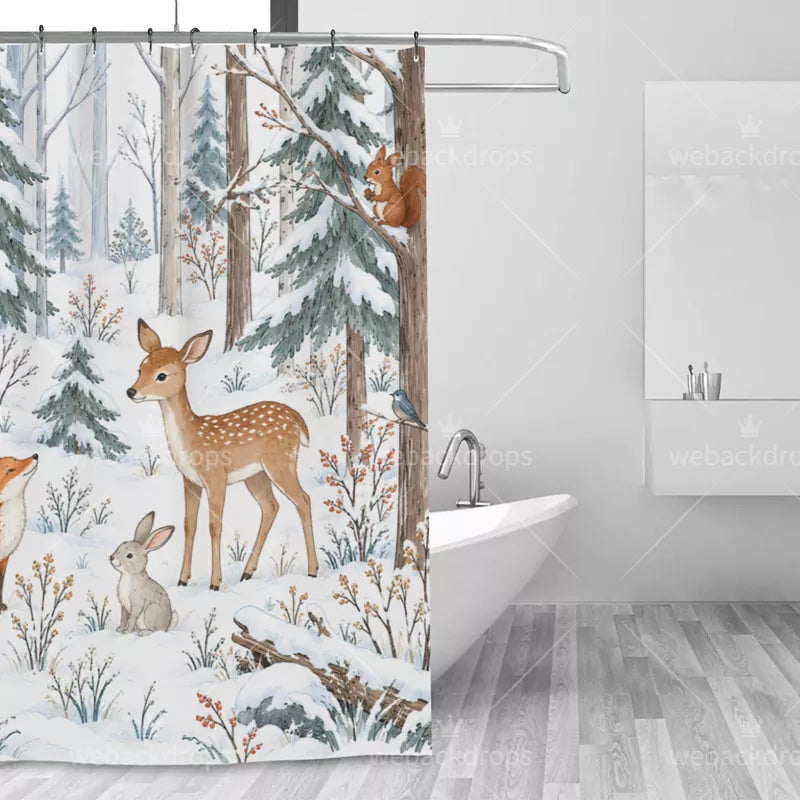 Snowy Deer Woodland Shower Curtain with Metal Roller Ball Hooks, 72 x 72 in