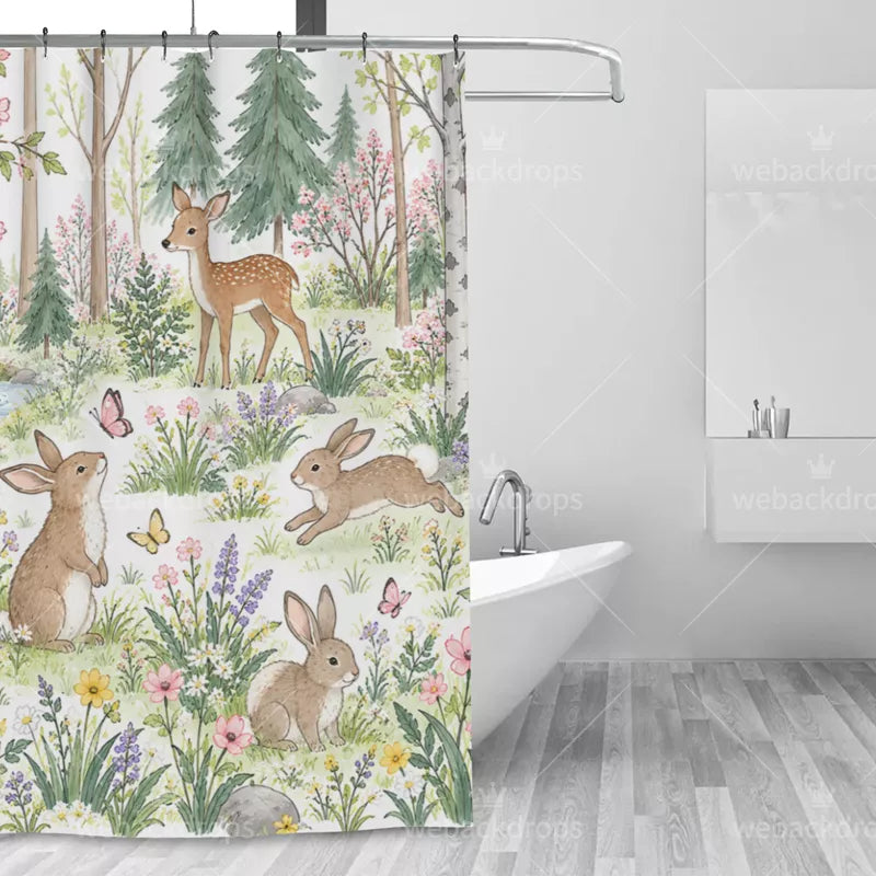 Spring Bunny Meadow Woodland Shower Curtain with Metal Roller Ball Hooks, 72 x 72 in