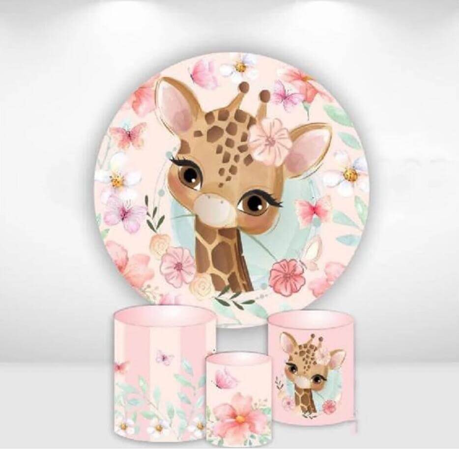 Giraffe Flowers Baby Shower Kids Birthday Round Backdrop Plinths Covers Party