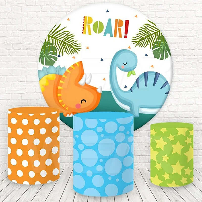 Cartoon Dinosaur Kids Baby Shower 1St Birthday Round Circle Backdrop Party