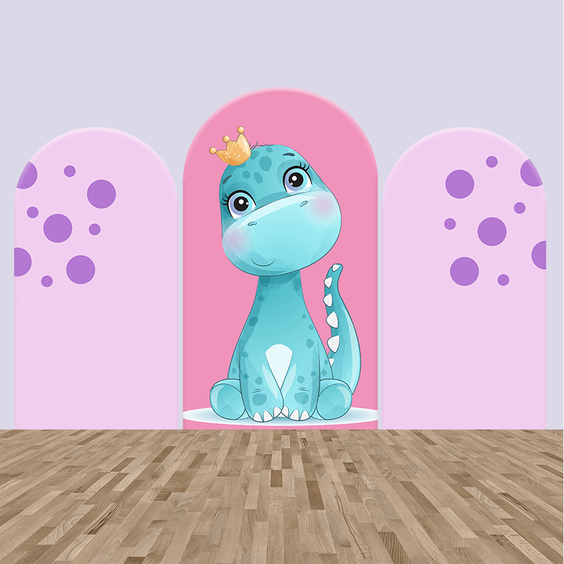 Set of three arched backdrop covers featuring a cartoon baby blue dinosaur with a crown in the center and purple dotted designs on the left and right arches, perfect for kids’ dinosaur-themed parties.