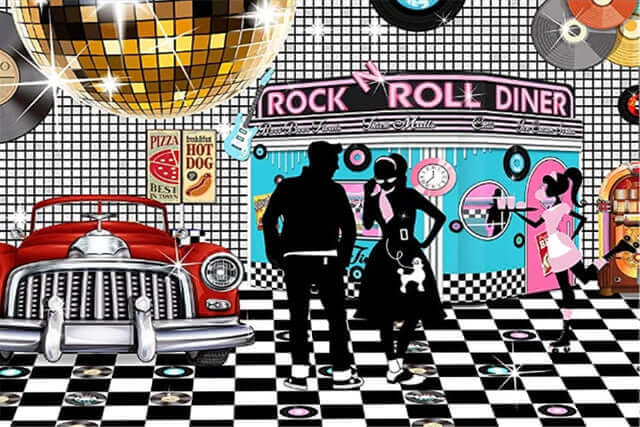 A colorful 1950s-themed diner scene with retro elements. The image features a large golden disco ball, a red vintage car, and a backdrop reading "Rock 'N Roll Diner." Three silhouettes of people dressed in 50s attire are shown on a checkered black-and-white floor, with records, neon signage, and vintage items like jukeboxes and posters in the background.