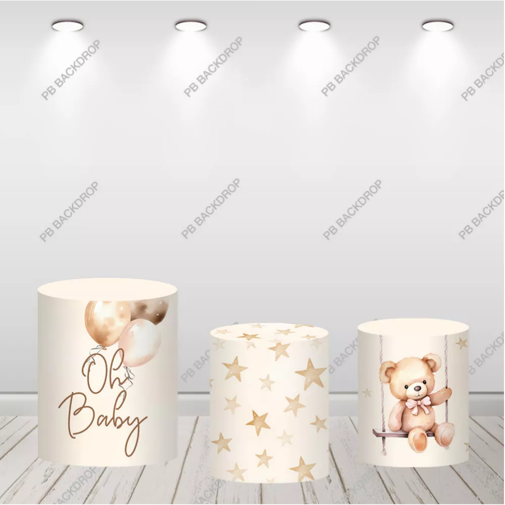 Bear Round Backdrop Pink Balloon Stars Baby Shower Background