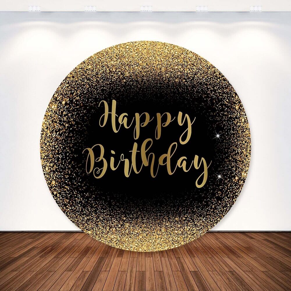"Happy Birthday" black and gold glitter backdrop, ideal for birthday parties and celebrations.