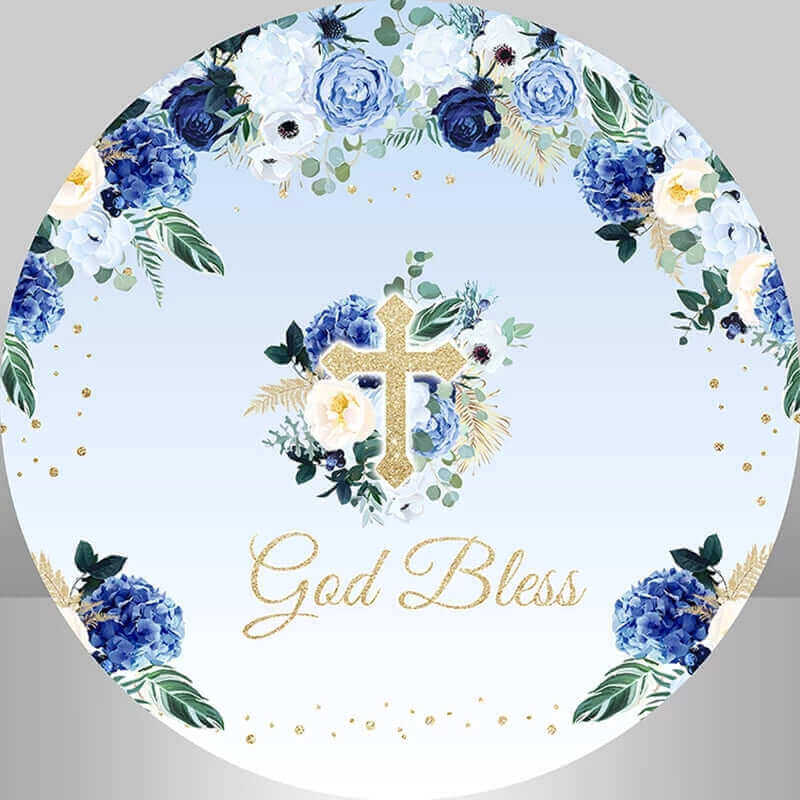 Blue floral baptism backdrop with gold cross and delicate floral details for christenings and baby showers.