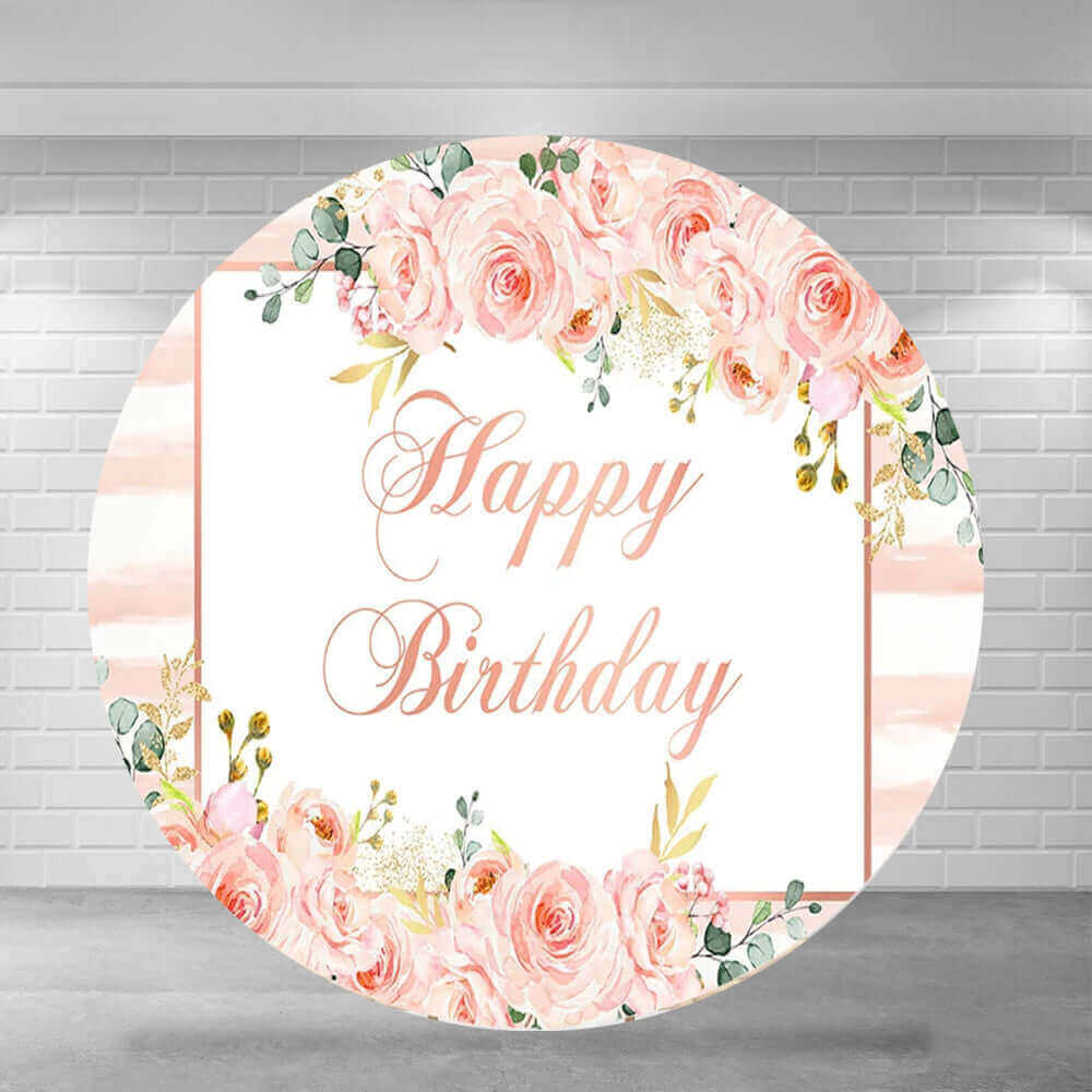 Blush pink floral "Happy Birthday" backdrop with rose gold accents for elegant birthday celebrations and photoshoots.