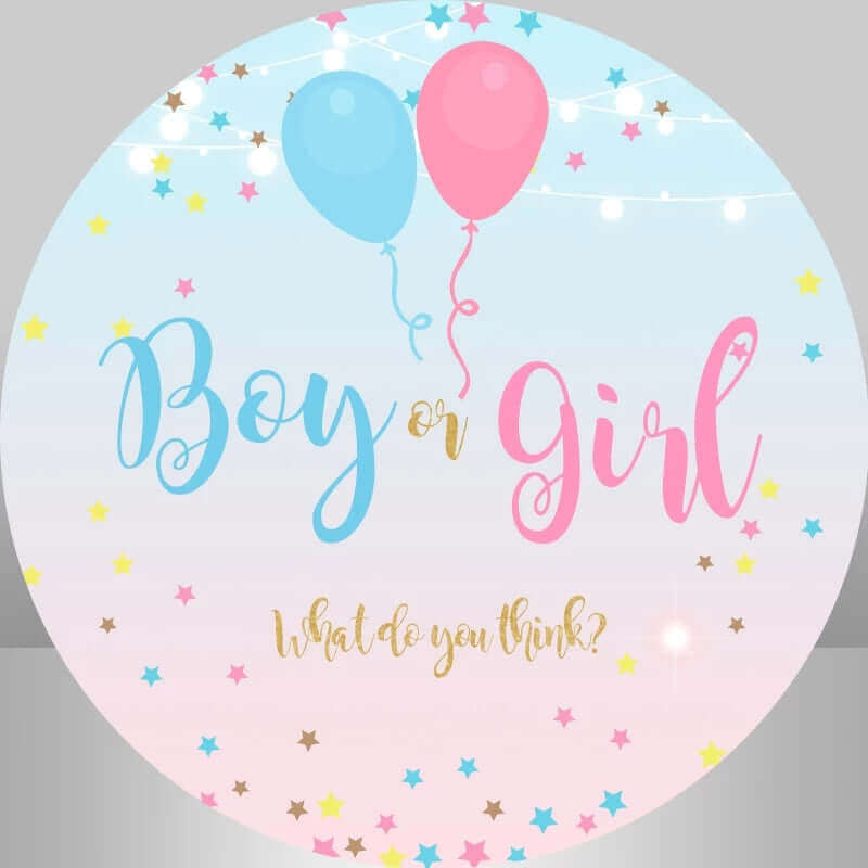 Bokeh star effect backdrop with pink and blue balloons for gender reveal parties and baby showers.