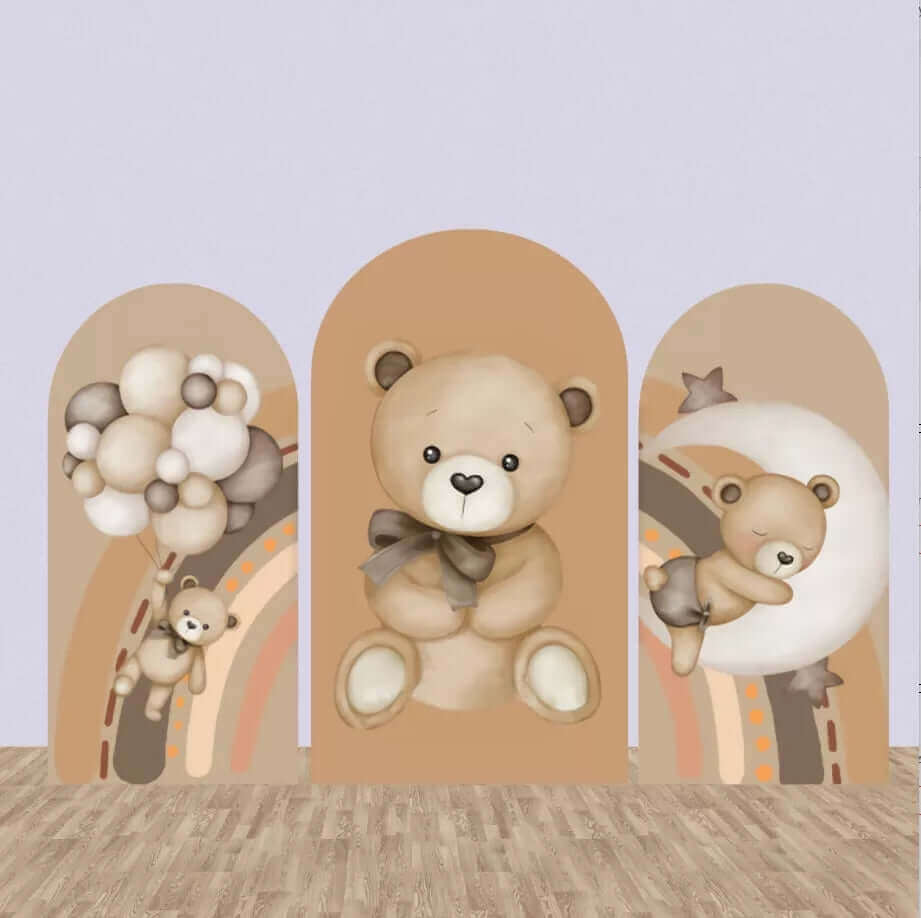 Three-panel arched backdrop set featuring teddy bears, balloons, rainbows, and crescent moon designs in soft neutral tones, perfect for baby showers and birthday celebrations.