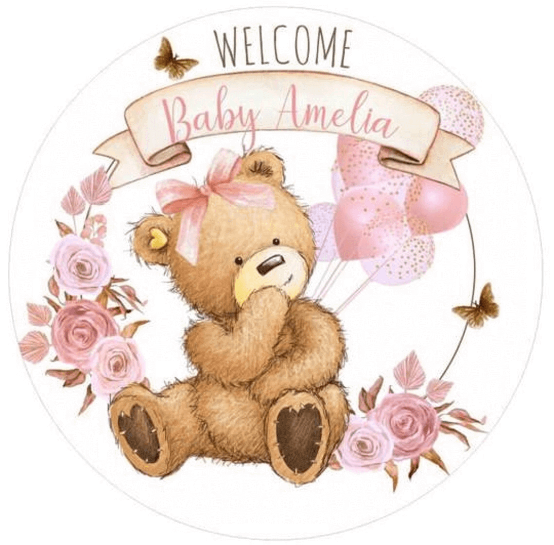 Welcome Baby Amelia with this cute brown bear backdrop featuring pink roses, butterflies, and balloons.