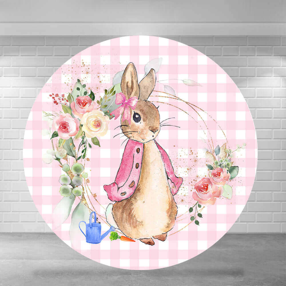 Round bunny-themed baby shower backdrop featuring a watercolor bunny surrounded by pink roses and greenery on a soft pink checkered background, perfect for girls' baby showers or spring-themed celebrations.