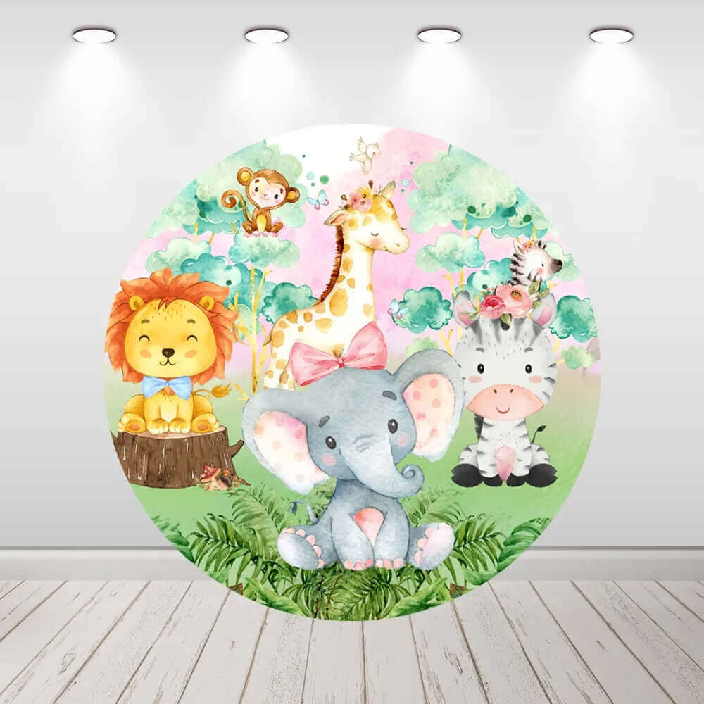 A safari-themed round party backdrop featuring cartoon animals, including a lion, giraffe, elephant, zebra, and monkey, in a lush jungle setting with a pastel background.