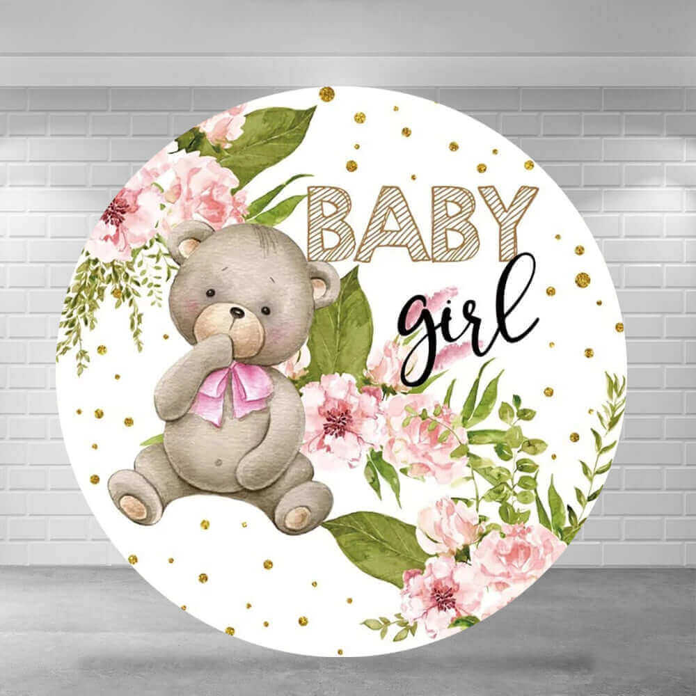 Round baby shower backdrop featuring a cartoon bear with a pink bow, surrounded by pink flowers, greenery, and gold dots, perfect for celebrating a baby girl.