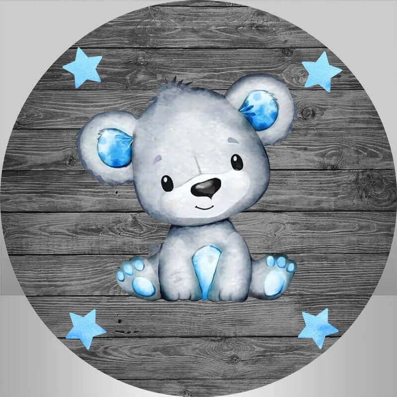 Cute blue teddy bear on wooden background with stars, perfect for gender reveal parties.