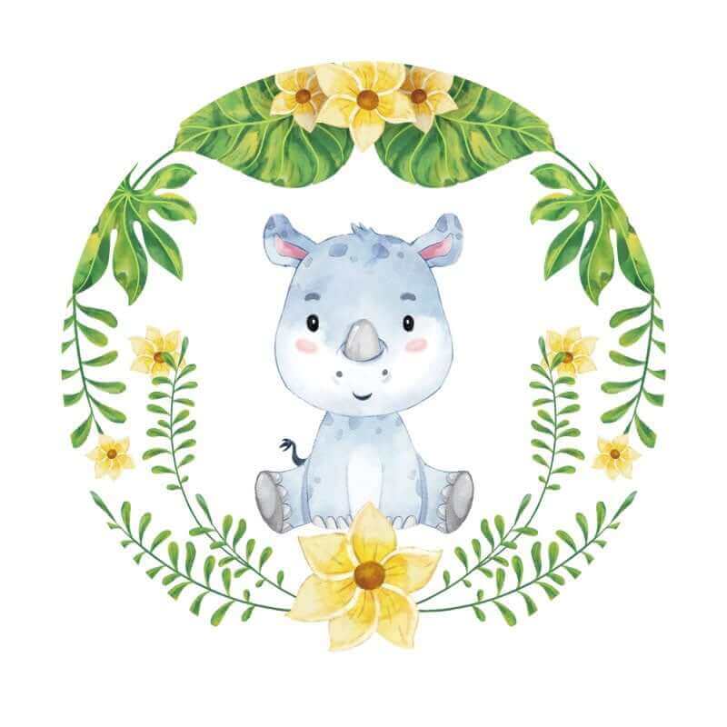 Cartoon rhino design with floral accents for a playful and colorful baby shower or celebration backdrop.