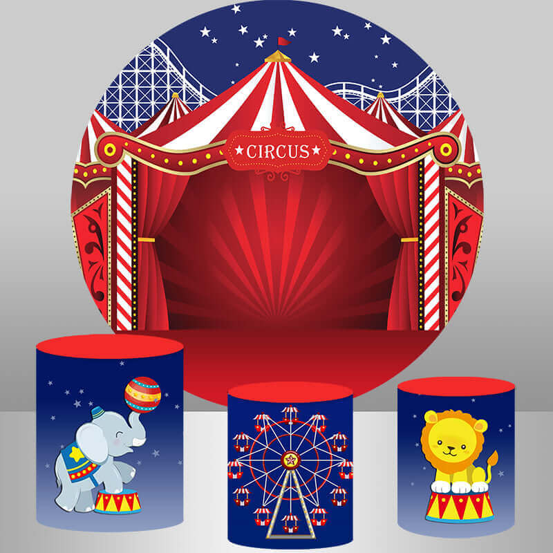 A vibrant circus-themed party decoration set including a circular backdrop with a red circus tent design and three matching cylinder covers featuring a lion, elephant, and Ferris wheel.