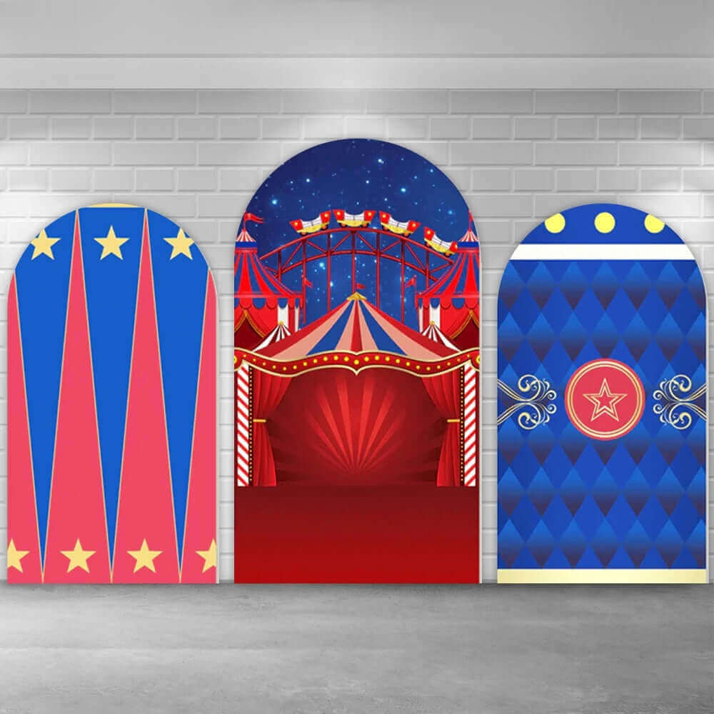 Circus-themed arched backdrop set with three panels, featuring bold red and blue designs, a circus tent entrance with a starry night background, and a blue diamond pattern with a central star emblem.