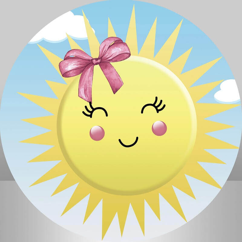 Adorable sunshine backdrop with pink bow and fluffy clouds, perfect for baby showers and children's events.