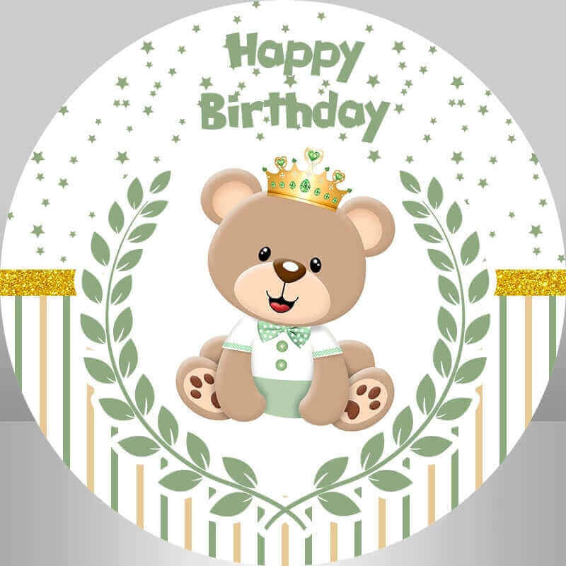 Cute crown bear birthday backdrop with green and gold details, ideal for children's birthday celebrations.