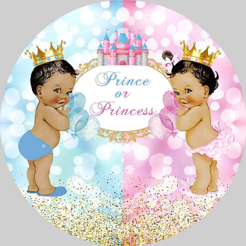 Gender reveal "Prince or Princess" backdrop featuring baby characters, a castle, and a magical atmosphere.