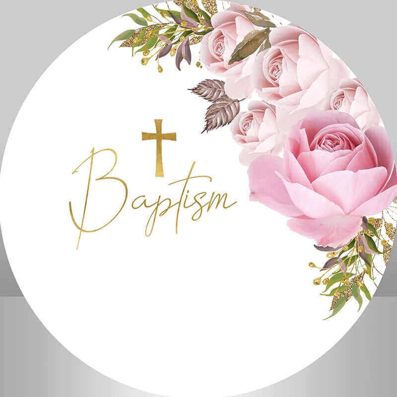 Elegant baptism round backdrop featuring pink roses, greenery, and a gold cross for christenings and baptisms.