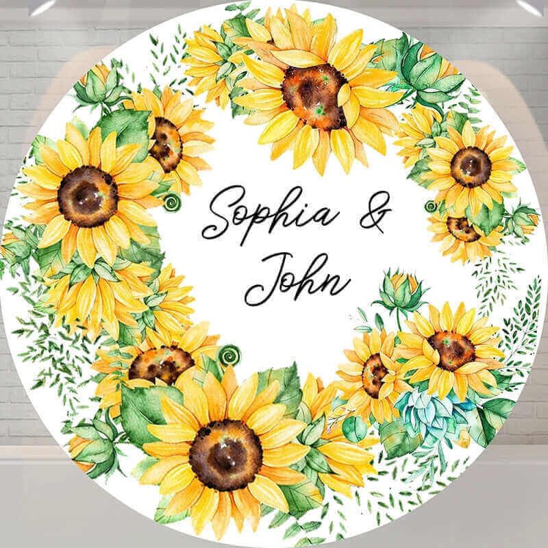Personalized sunflower wedding round backdrop with a sunflower wreath surrounding the names 'Sophia & John,' perfect for weddings or special occasions.