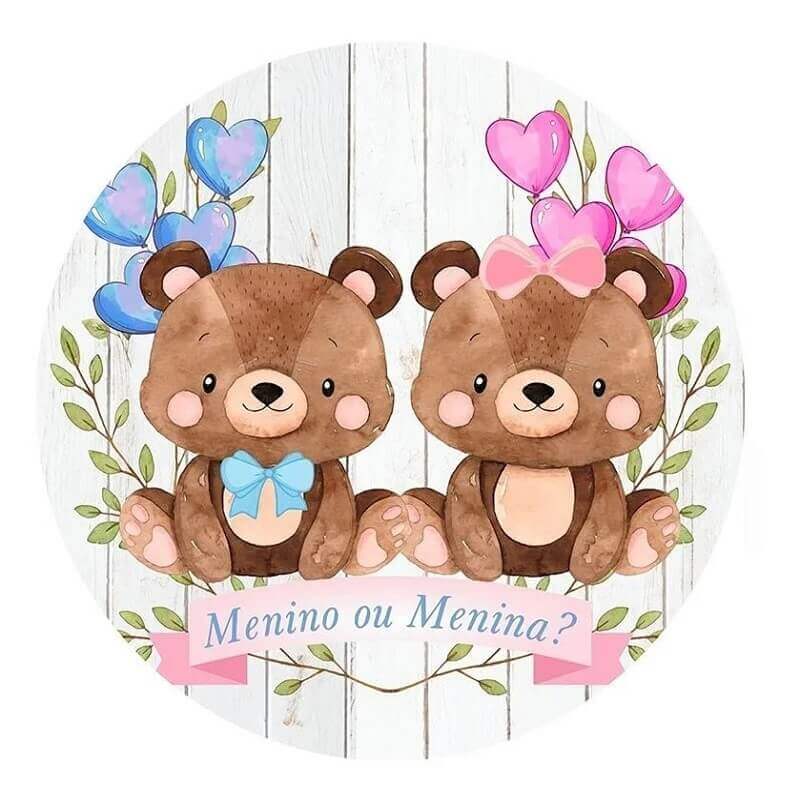 Adorable baby bear gender reveal backdrop with blue and pink bows, hearts, and floral elements for a sweet celebration.