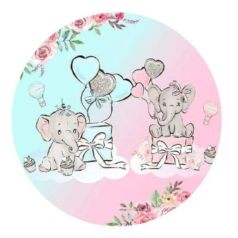 Cute elephant gender reveal backdrop with balloons and hearts, perfect for announcing "Boy or Girl."