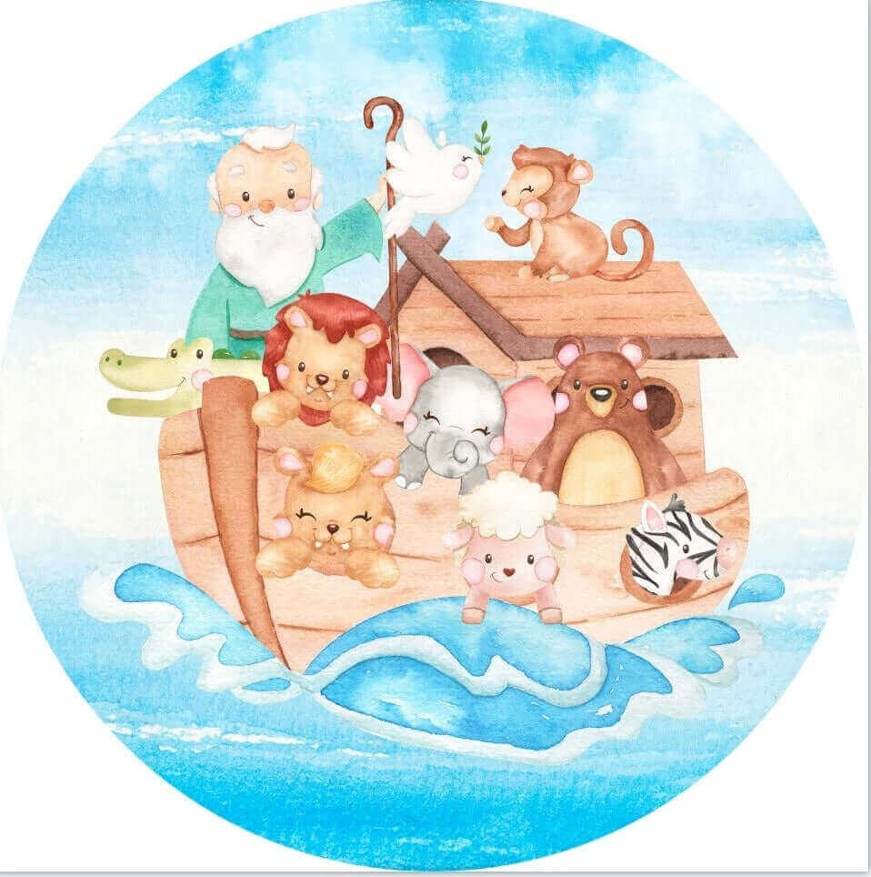 A circular backdrop illustrating a vibrant Noah's Ark theme with a variety of cartoon animals such as a monkey, elephant, lion, and others boarding a boat, set against a cheerful blue sky with fluffy clouds, ideal for children's party decorations.