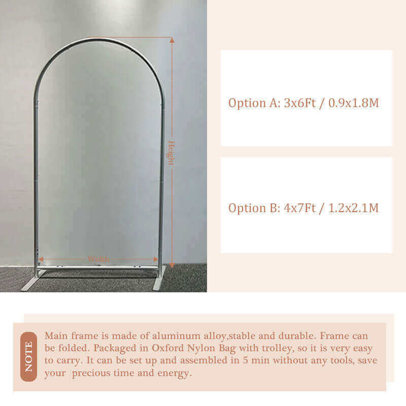 Arched backdrop stand with dimensions in two size options: Option A measures 3x6 feet (0.9x1.8 meters) and Option B measures 4x7 feet (1.2x2.1 meters). The frame is made of durable aluminum alloy, foldable for easy portability, and comes with an Oxford Nylon Bag with a trolley. Simple to assemble in under 5 minutes without tools.