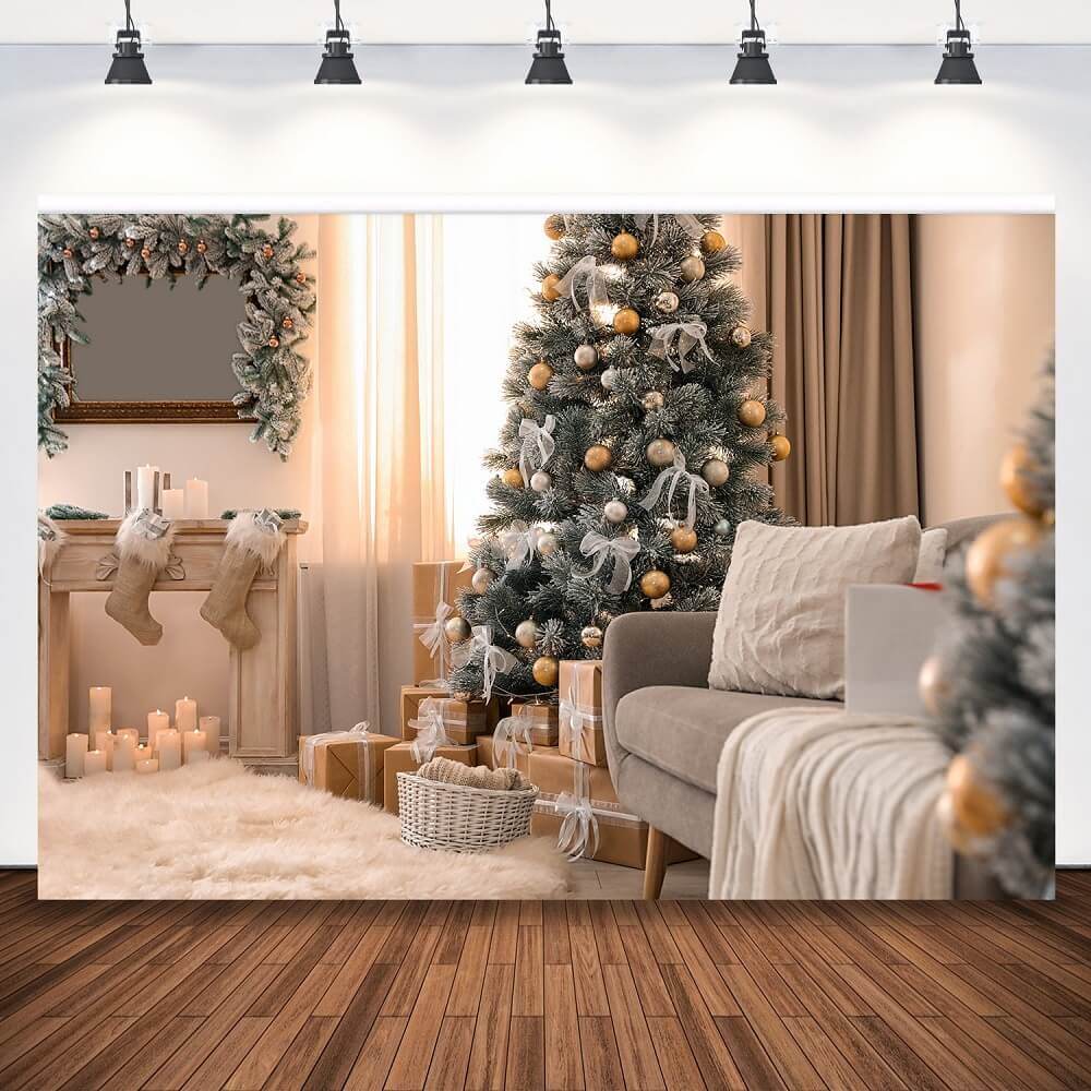 Cozy Living Room Christmas Backdrop with Gifts and Tree – webackdrops