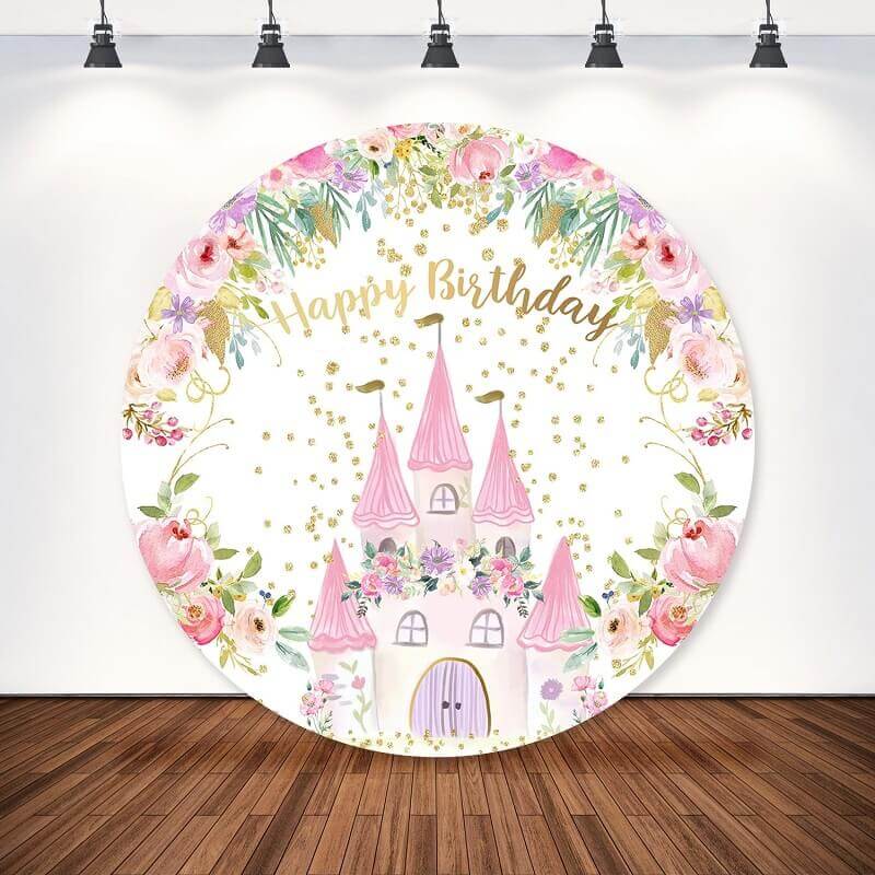Floral pink castle with flowers and "Happy Birthday" message for princess-themed birthday celebrations.