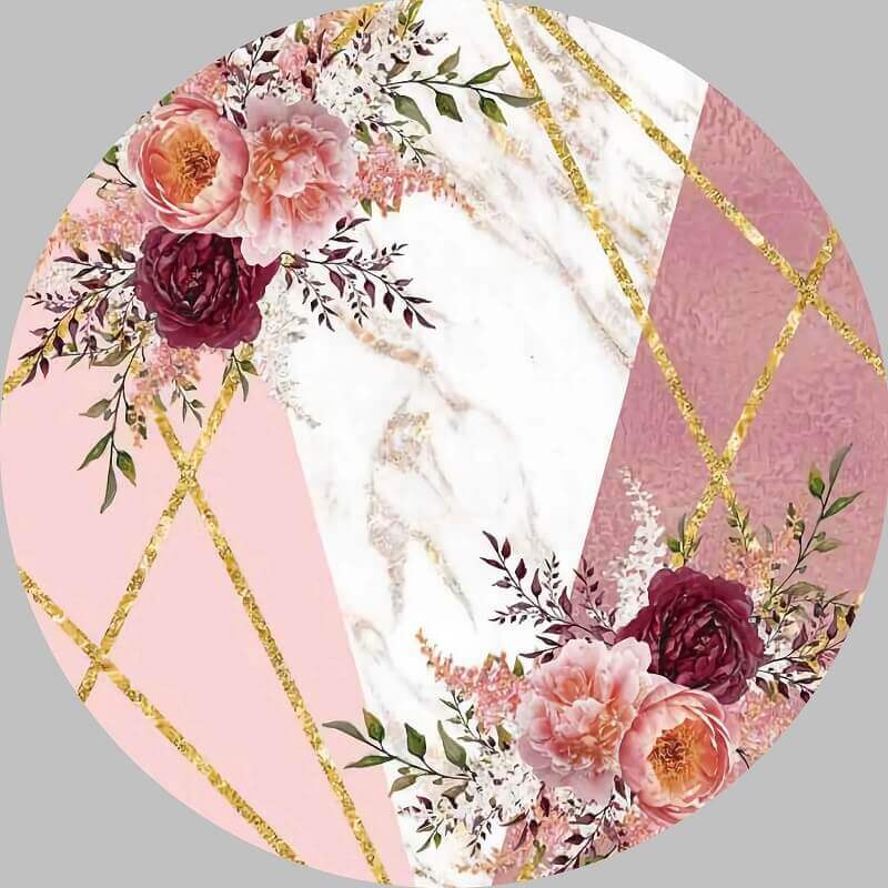 Elegant pink marble wedding backdrop featuring floral designs and gold geometric lines for a sophisticated look.