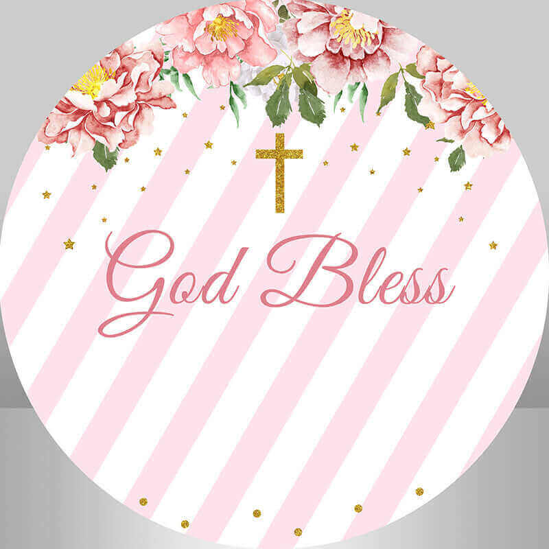 Elegant pink and white striped backdrop with gold cross and flowers for baby religious events and celebrations.
