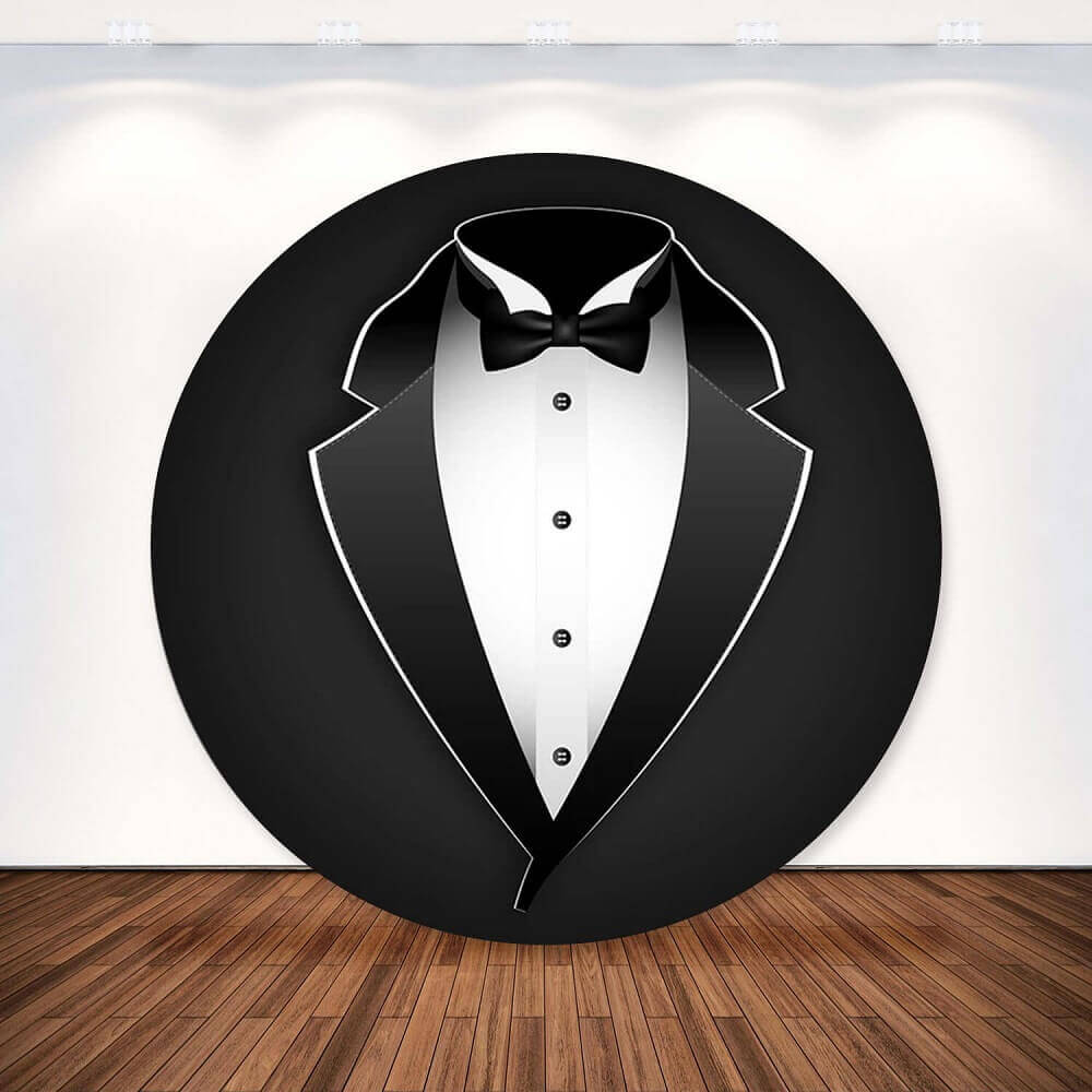 Gentleman tuxedo black suit birthday backdrop with bowtie, perfect for adult birthday parties.