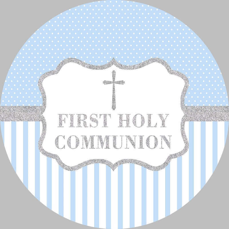 Elegant silver cross design with blue stripes and polka dots for First Holy Communion and Baptism celebrations.