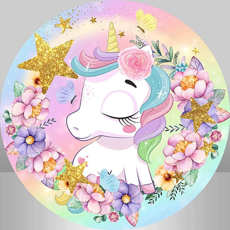 Pastel unicorn round backdrop with a unicorn wearing a flower crown, surrounded by vibrant flowers, butterflies, and glittering stars.
