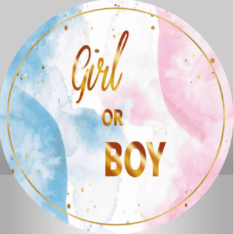 Elegant watercolor pink and blue backdrop with golden lettering for gender reveal celebrations.