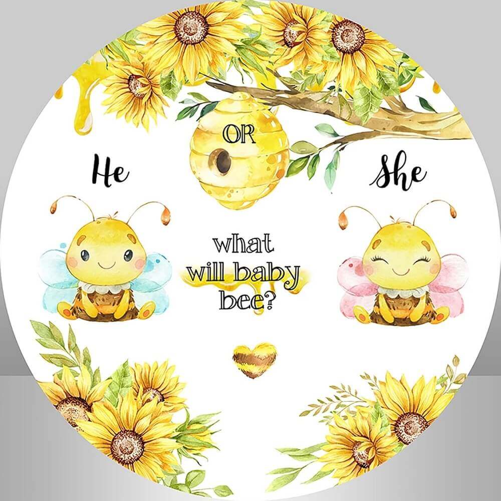 Round sunflower and bee backdrop with two bees labeled "He" and "She," a golden honeycomb, and vibrant floral accents. Perfect for gender reveal parties and baby showers.