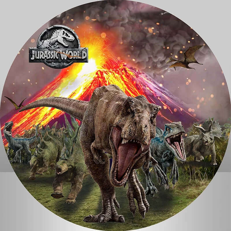Dinosaur-themed round backdrop showcasing a volcano eruption with a roaring T-Rex, surrounded by other dinosaurs and the Jurassic World logo.