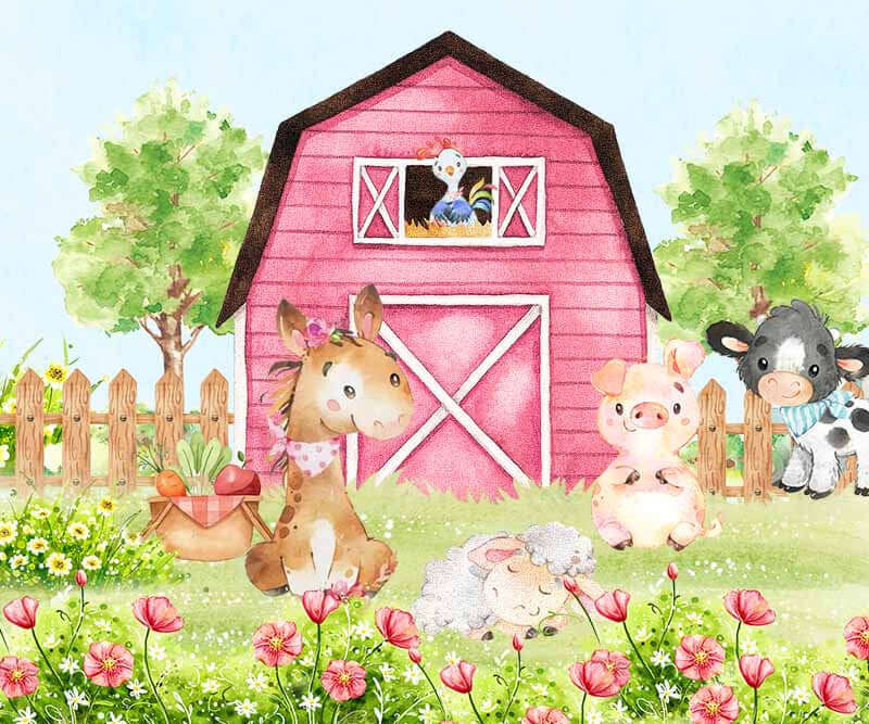 Pink Farm Animals Newborn Baby Shower Kids Birthday Party Backdrop