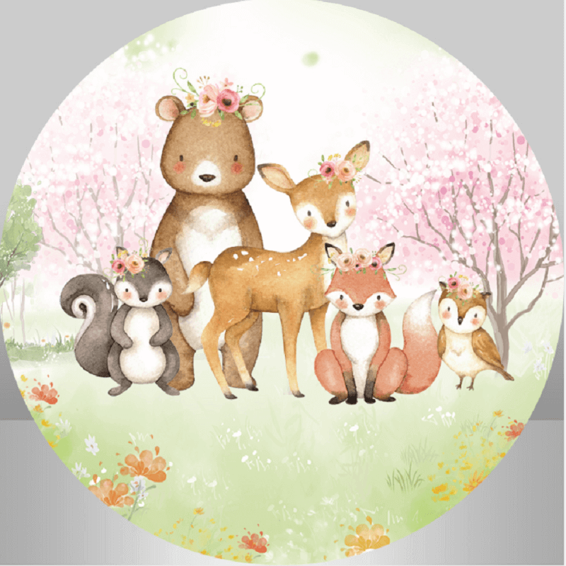 Floral jungle animals with pink blossoms and green grass backdrop, perfect for nature-themed celebrations.