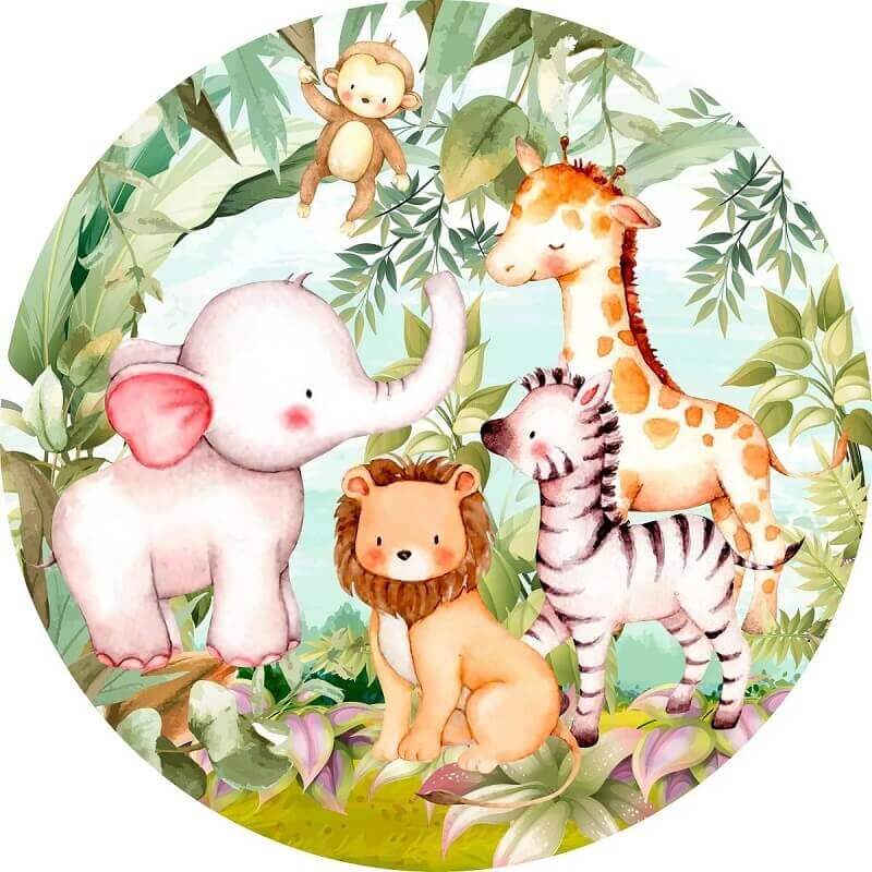 Adorable jungle animals baby shower backdrop featuring playful safari animals like elephants and giraffes.