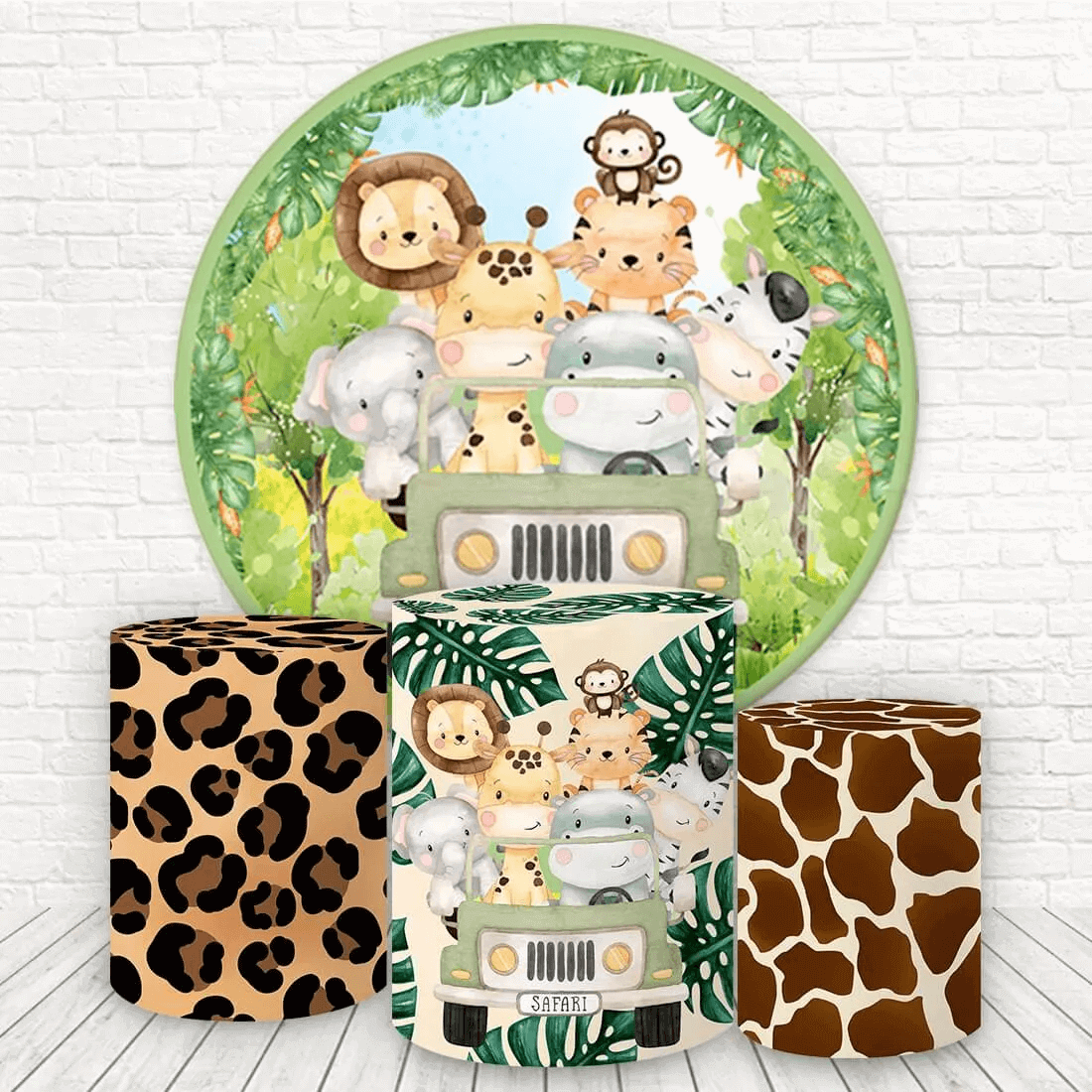 A jungle safari-themed party decoration set featuring a circular backdrop with safari animals in a jeep and three cylinder covers with animal prints and jungle designs.